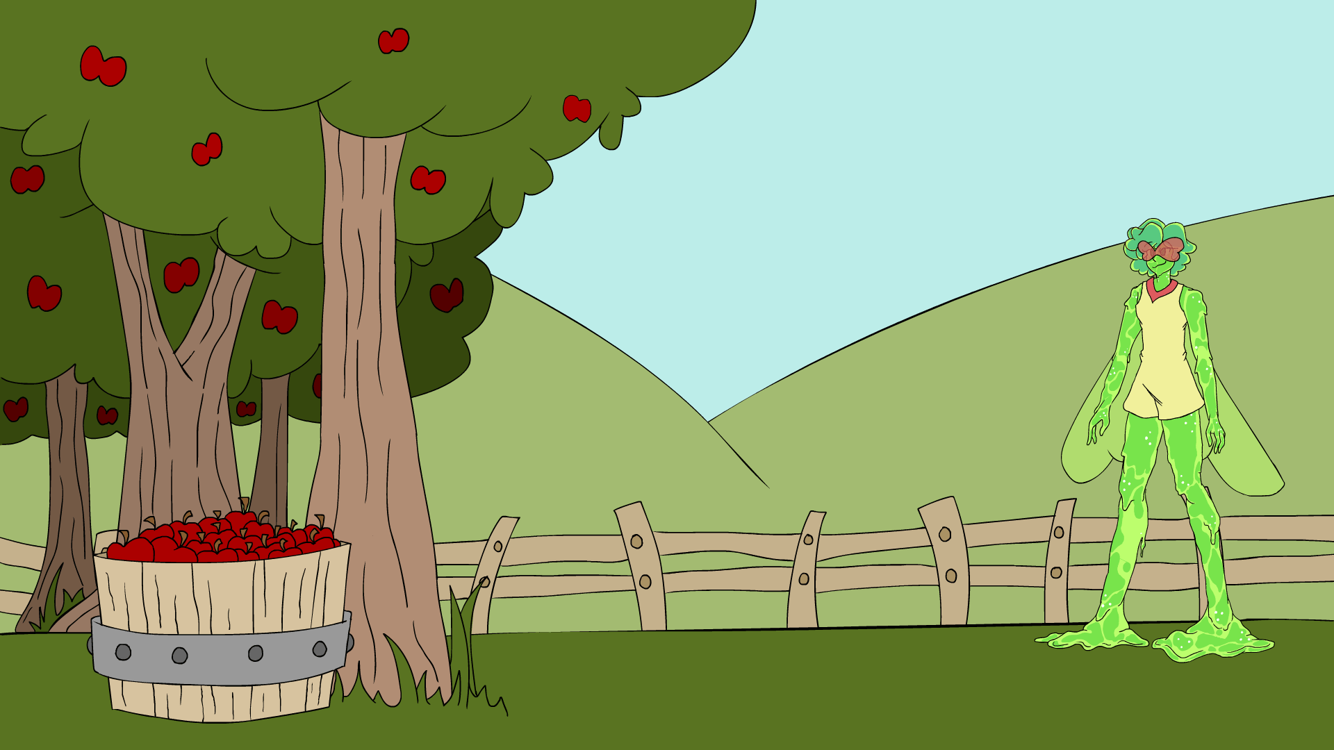 A slime man, Freckle, jumoign to grab an apple and following into an apple basket.