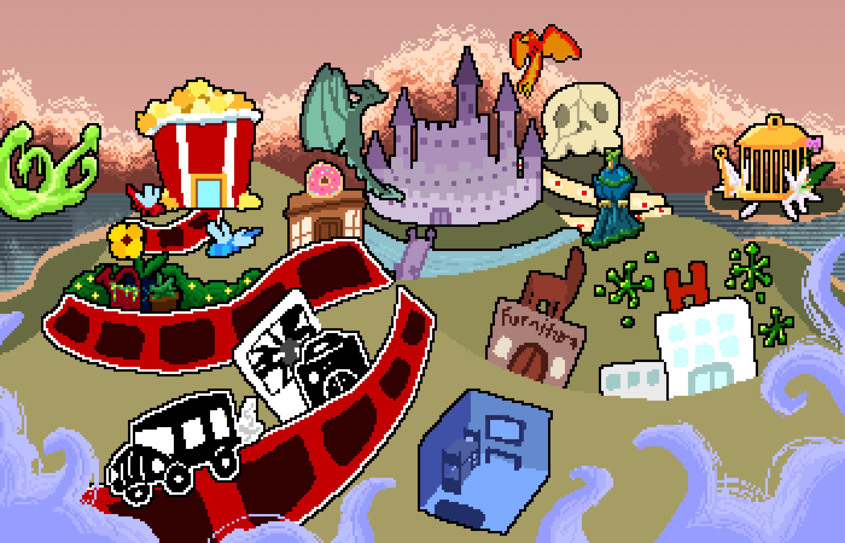 A map with different clickable icons each representing a part of the portfolio. Each icon transports the user to the associated portfolio page.