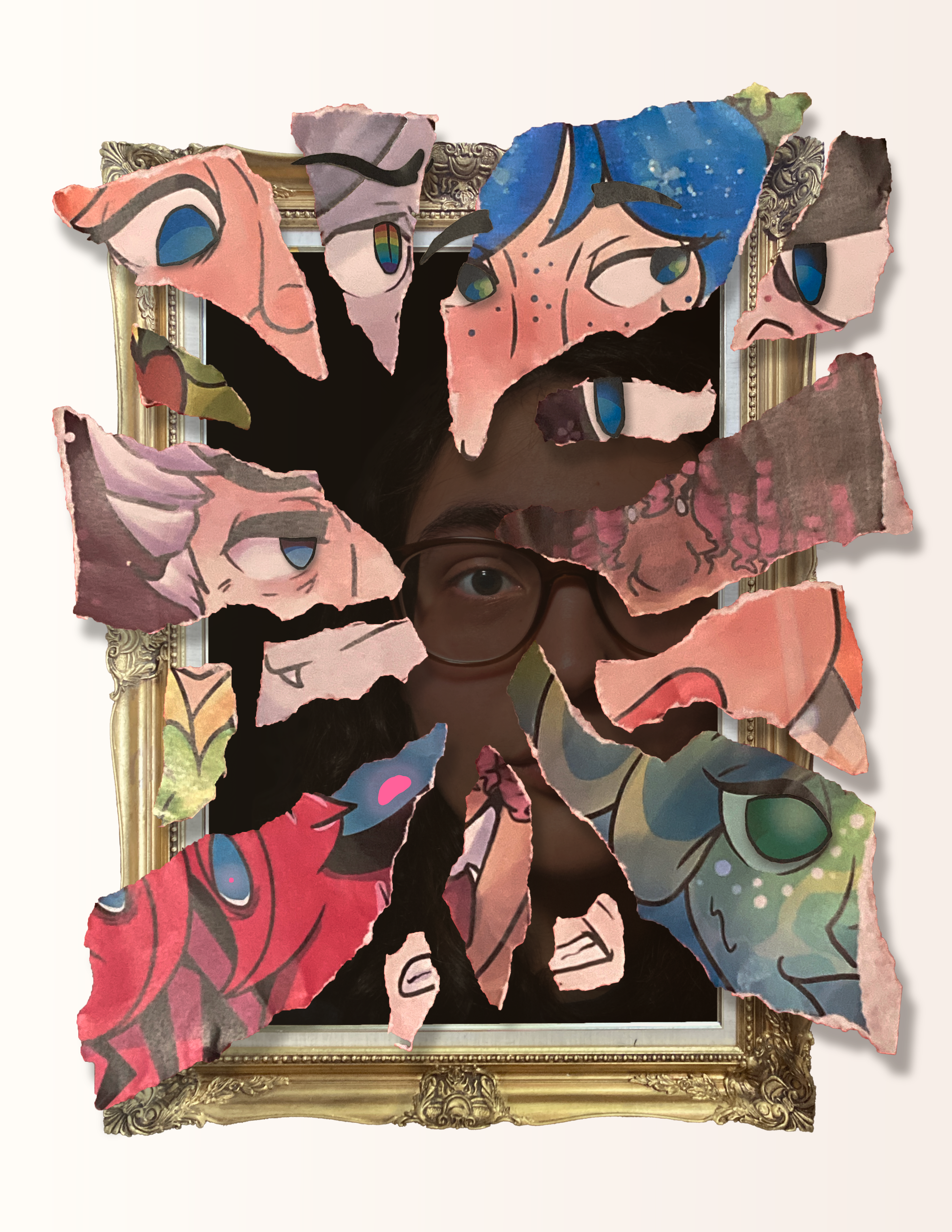 A photo of myself hidden in shadows within a golden frame. Coming off of the frame are paper fragments resembling different characters
