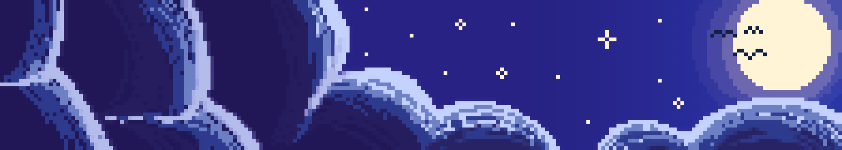 A pixelated, starry, night sky. There are clouds around the bottom and left side and the moon on the right side.