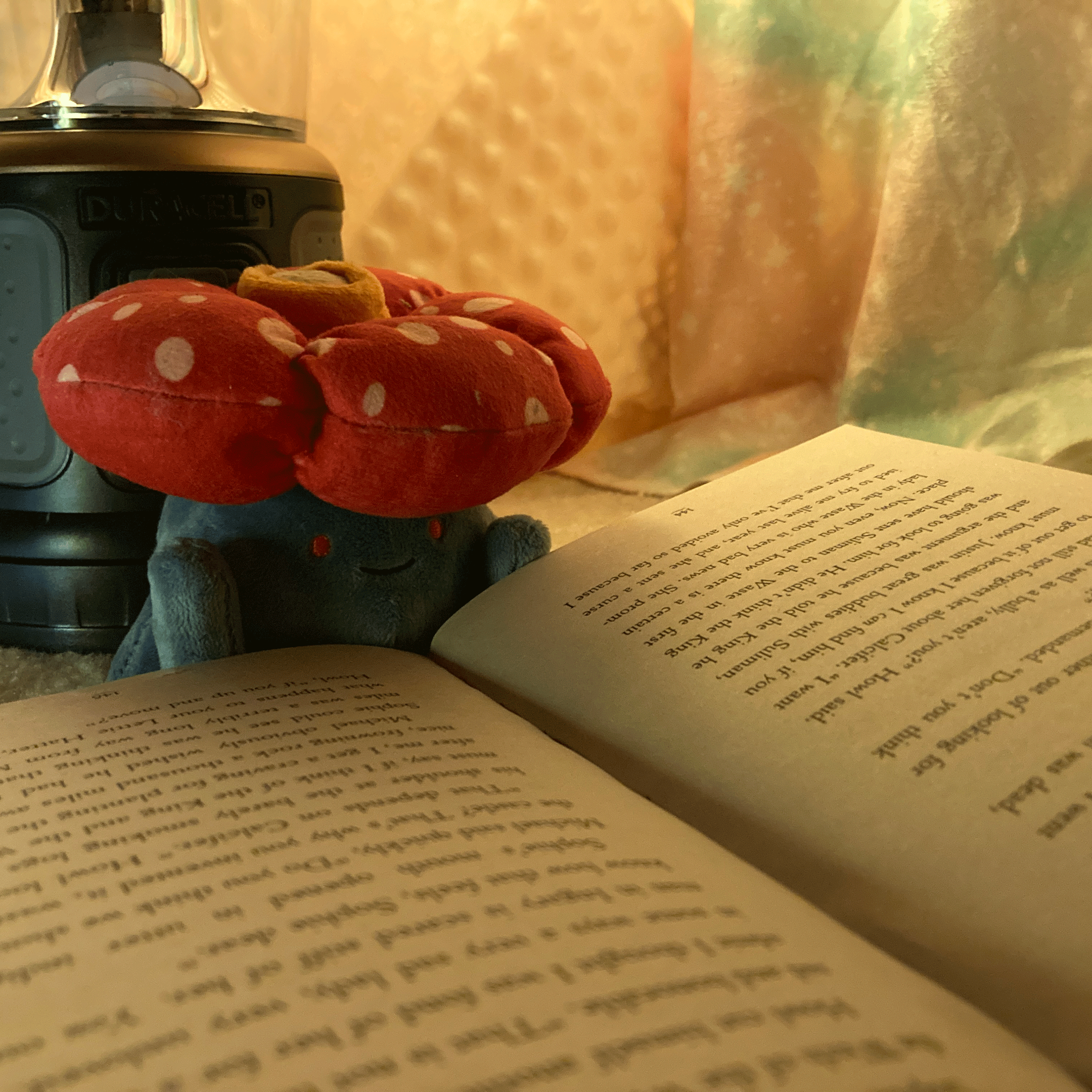 A sitting cuties Vileplume sitting against a lantern, reading a copy of Howl's Moving Castle. The plush is sitting within a blanketfort.